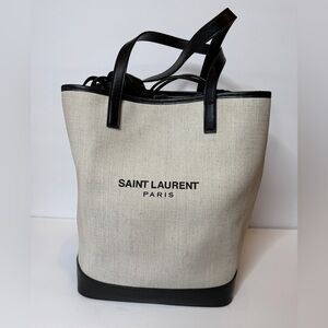 Saint Laurent Canvas Tote Bag with Black Leather Trim YSL Rive Gauche style